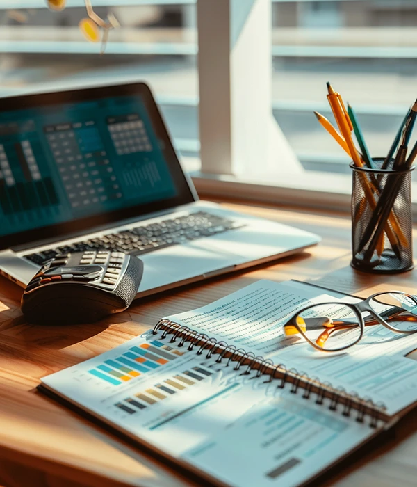 computer and daily planner on a desk